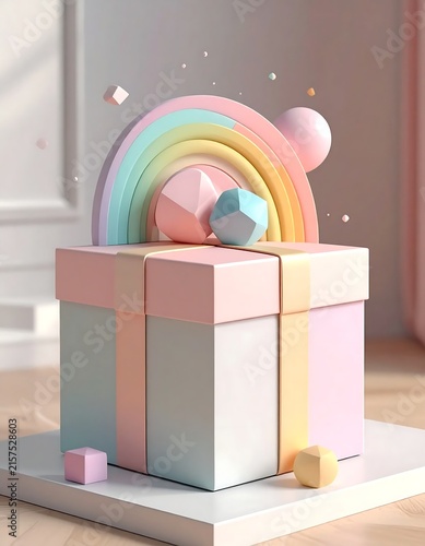 Pastel Gift Box with Rainbow and Geometric Shapes 3D Render.