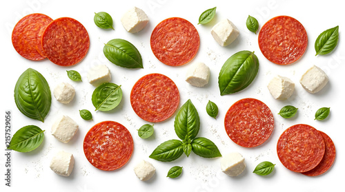 Pepperoni Slices Fresh Basil Leaves and Mozzarella Cheese Cubes