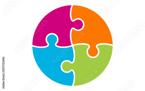 Bild auf Leinwand Four colorful puzzle pieces connected in a circle representing unity teamwork an