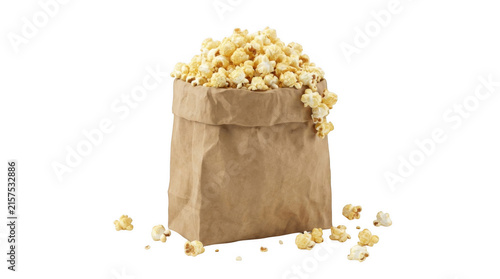 Fresh salty popcorn inside a brown paper bag for movie night snacking isolated on transparent background