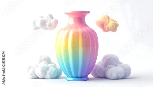 Pastel Gradient Decorative Vase Surrounded by Soft Fluffy Clouds.