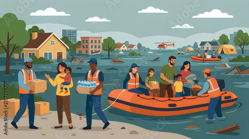 Rescue workers and volunteers distributing food and supplies during flood disaster vector illustration