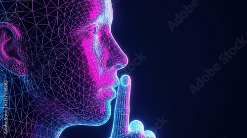 A digital face illuminated by vibrant neon hues with a finger pressing against the lips.