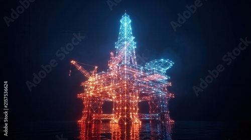 A futuristic digital representation of an oil rig glowing with red and blue energy.