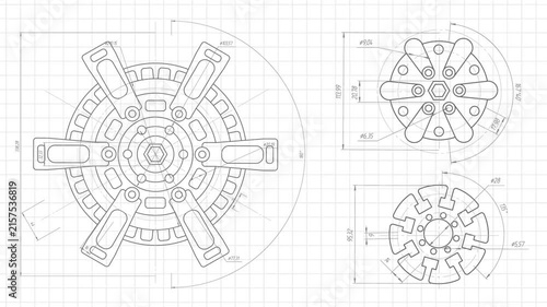Technical drawing of gears .Rotating mechanism of round parts .Machine technology.