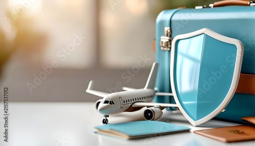 Modern travel suitcase with airplane model and passport symbolizing safe business trips and secure journeys
