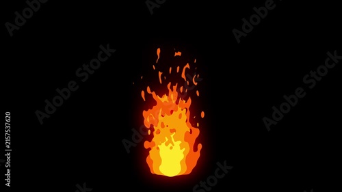 animated cartoon fire bonfire burst effect with sparks. stylized burning flame animation motion graphics element. 2d cartoon fire animation fx element on black background.