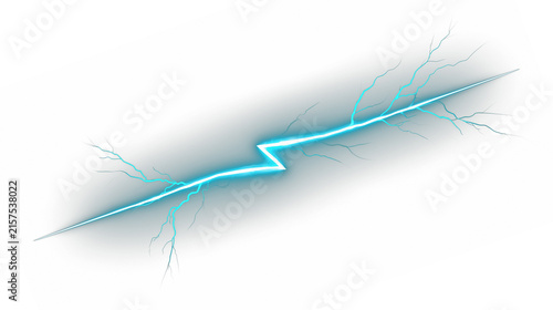 Bright Cyan Lightning Bolt Diagonal Streak Isolated on Transparent Background, Glowing Electric Thunder Effect