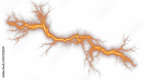 Fiery Orange Red Lightning Bolt Horizontal Strike Isolated on Transparent Background, Glowing Electric Thunder Effect