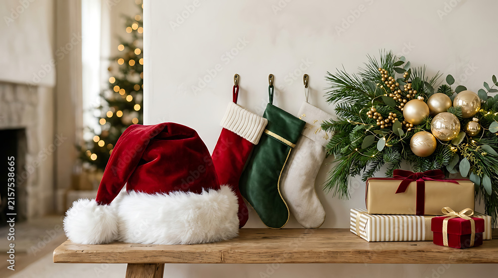 Fototapeta premium Santa Claus Sitting Beside a Festively Decorated Christmas Tree with Gifts for a Joyful Holiday Celebration in Winter Wonderland