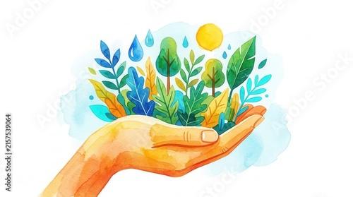 Corporate social responsibility illustration with sustainability theme in vivid watercolor flat design.