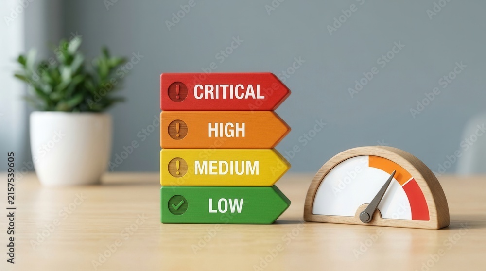 Naklejka premium Enterprise risk assessment and regulatory compliance evaluation with a risk level gauge.