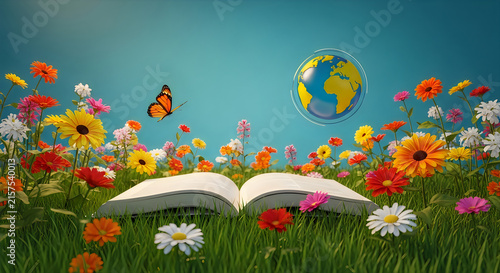 Open book in a vibrant flower field with a glowing earth globe and butterfly
