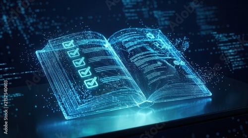 Obraz na płótnie Futuristic open book with glowing checkmarks symbolizing technology and knowledge.