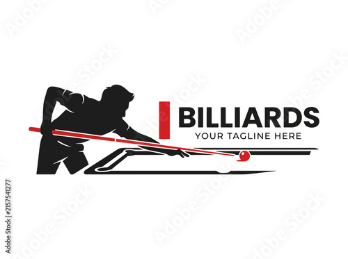 Silhouette of a man playing billiards with a cue stick hitting a ball.