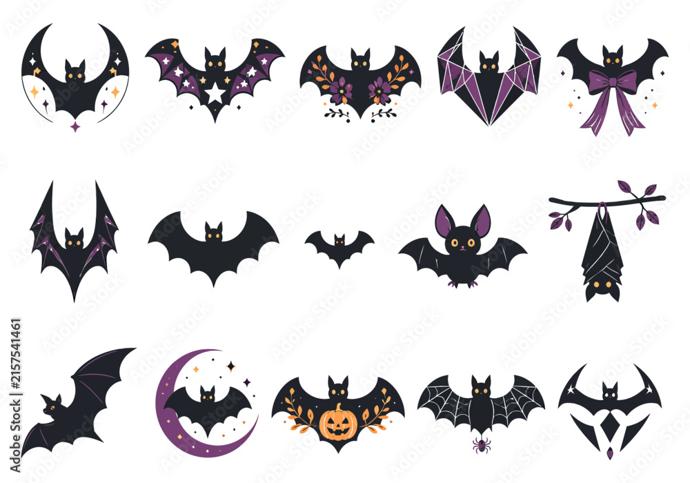 Fototapeta premium Collection of spooky halloween bats in various styles and designs on a white background