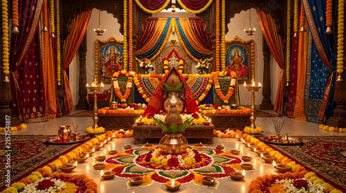 Hindu prayer altar with Kalash and festive floor rangoli.