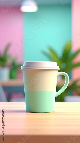 Pastel color coffee cup on a wooden table in a cafe.
