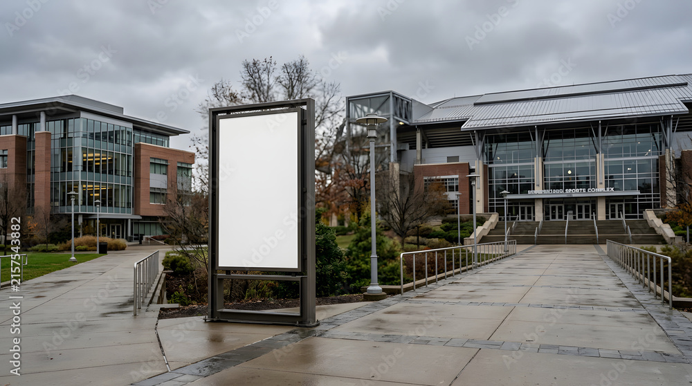 Naklejka premium Blank vertical billboard mockup on a modern university campus walkway