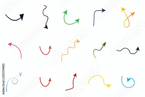Set of colorful abstract arrow curves and loops isolated on white background