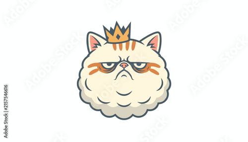 Grumpy and angry looking fat white cat wearing a small golden crown on its head isolated on white background.