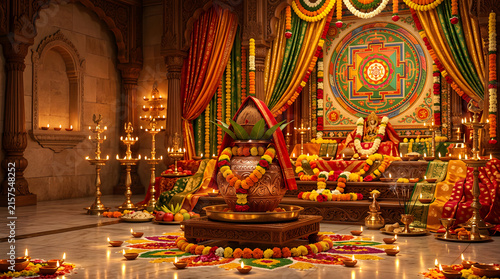 Hindu prayer altar with sacred ritual vessels
