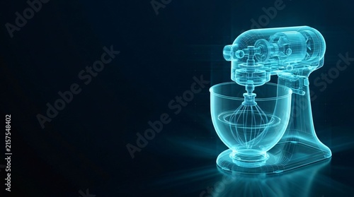 Kitchen stand mixer appliance illustrated as a blue glowing digital wireframe holographic model with appliance hologram wireframe technology abstract projection