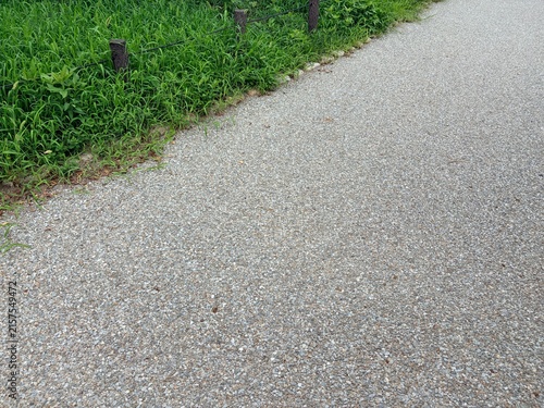 Plakat w ramie 緑の草地に沿って続く公園の舗装遊歩道、シンプルな散策路の風景｜遊歩道,公園,舗装,緑,草地,園路