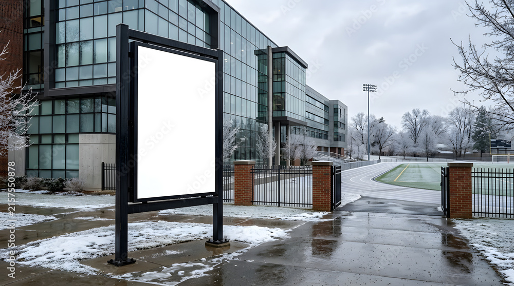 Naklejka premium Blank vertical billboard mockup on a snowy campus outside a modern glass building