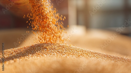 harvester. Golden wheat grains pouring from a harvester, forming a mound. menu design, packaging mockups, designed for culinary blogs and recipe cards for restaurants, used by event planners.