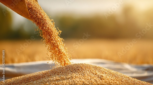 harvester. Golden wheat grains pouring from a harvester, forming a mound. menu design, packaging mockups, designed for culinary blogs and recipe cards for restaurants, used by event planners.