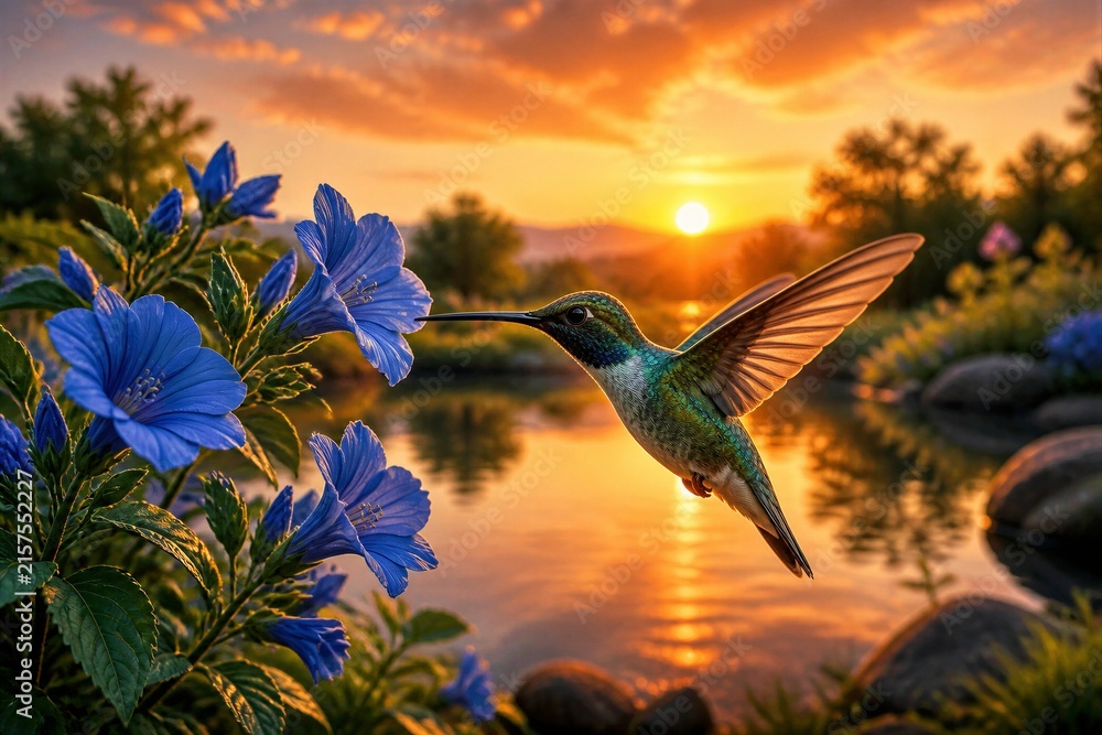 Naklejka premium Hummingbird feeding from blue flowers near lake at sunset