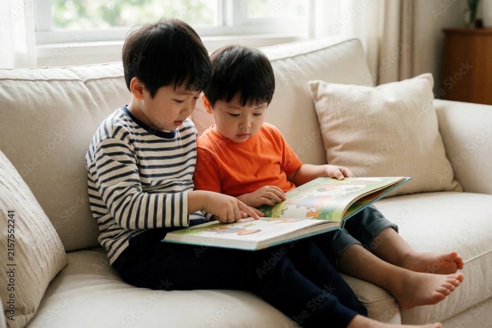 Fototapeta premium Two young Asian boys cozy up on sofa, engrossed in reading picture book together. One points to illustrations as they share storytime at home. Siblings bond over literature, fostering early learning.