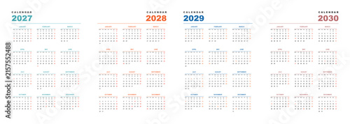 Minimalist four year wall calendar layout featuring annual planning grids from 2027 to 2030 with sunday weekend highlighted for professional office scheduling