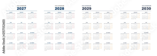 Minimalist four year calendar template 2027 to 2030 showing quarterly monthly grids for corporate planning and scheduling needs organized layouts