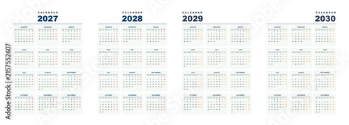 Minimalist monthly calendar template covering four consecutive years from 2027 through 2030 featuring clean typography for efficient professional planning