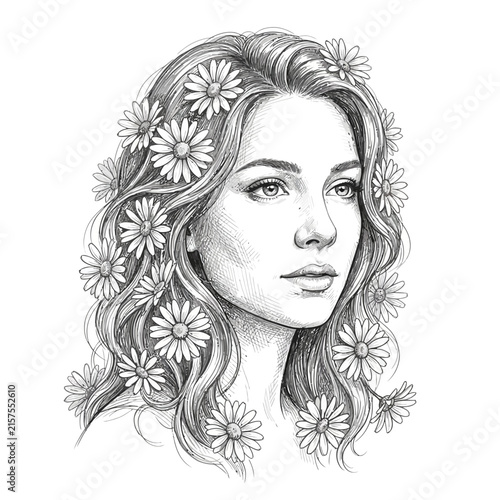 Woman with flowers in hair, drawing, sketch, nature, beauty, portrait