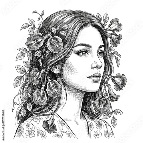 Woman with flowers in hair, elegant sketch, nature inspired portrait