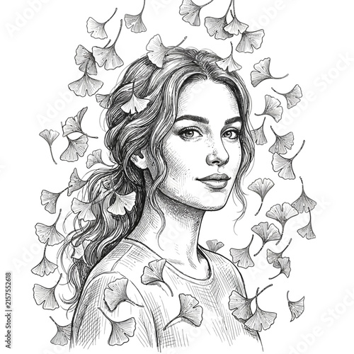 Woman with Ginkgo Leaves