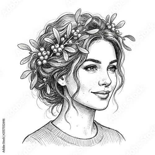 Woman with Mistletoe Wreath - Black and White Sketch