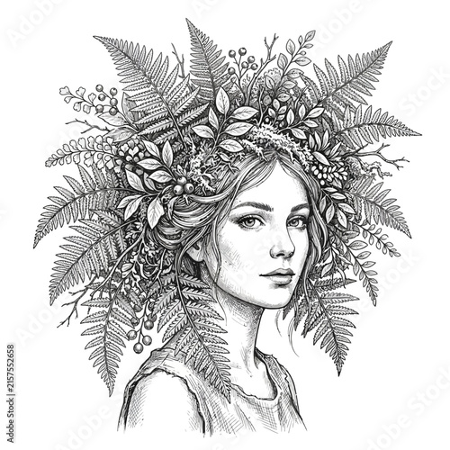 Woman with Natural Headdress, Botanical Portrait