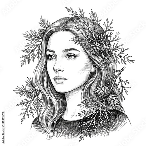 Woman with Pine Wreath, Pencil Sketch Portrait