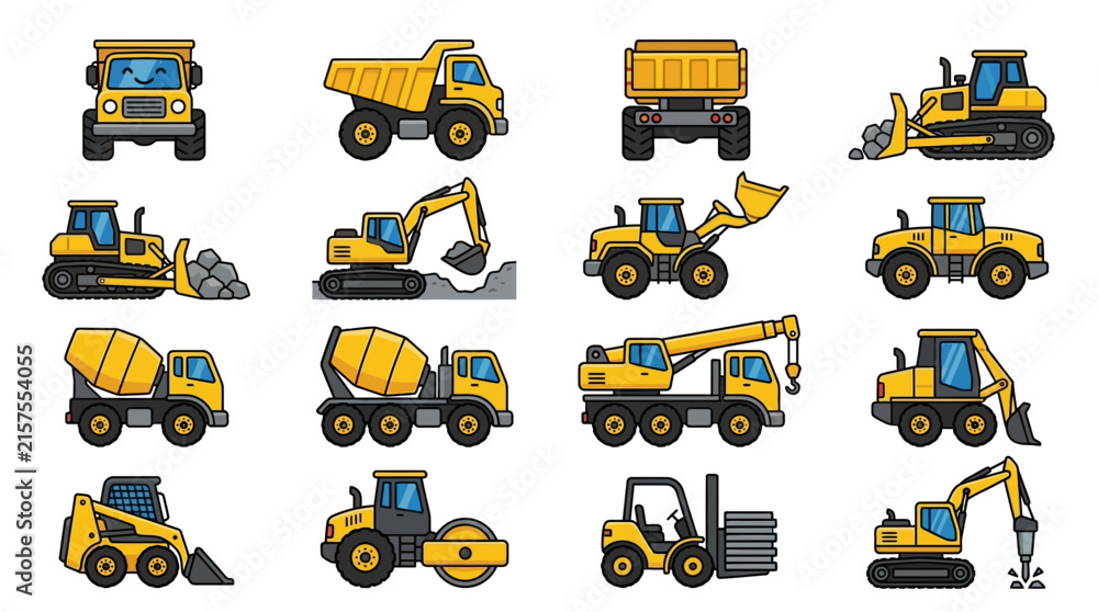 Naklejka premium Collection of yellow construction vehicle icons.