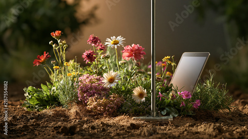 Drought tolerant flowering plants with monitoring stake and blank tablet showcasing plant phenology and climate resilience research