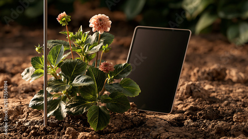Drought tolerant flowering plants with monitoring stake and blank tablet showcasing plant phenology and climate resilience research