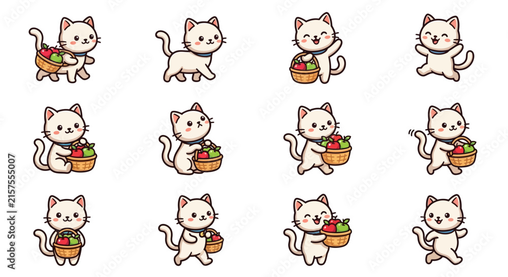 Obraz premium Cute white kittens carrying baskets of red apples.