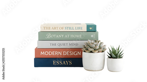 Stack of colorful hardcover books and two potted succulents as cut out PNG