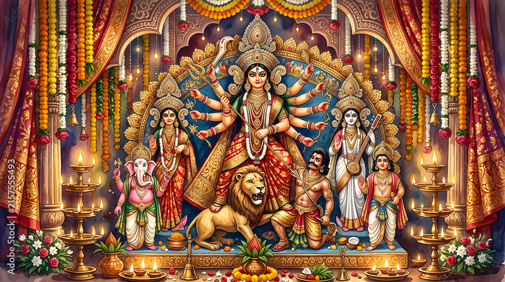 Fototapeta premium Intricate Durga Puja pandal featuring Goddess Durga and deities.