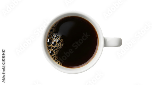 Top down shot of black filter coffee in a white mug on transparent background
