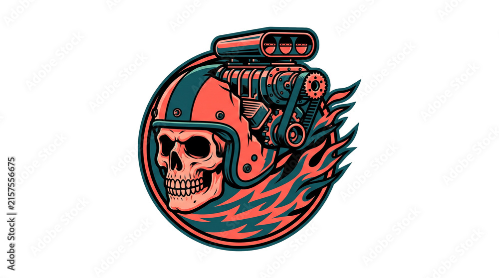 Fototapeta premium Supercharged Engine Helmet Skull Graphic Vector Illustration Isolated on White